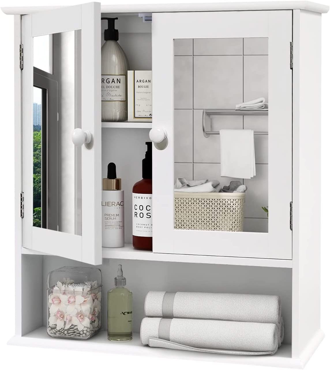 Bathroom White Cabinet Mirrored Double Doors Wall Mounted Mirror Storage Furniture