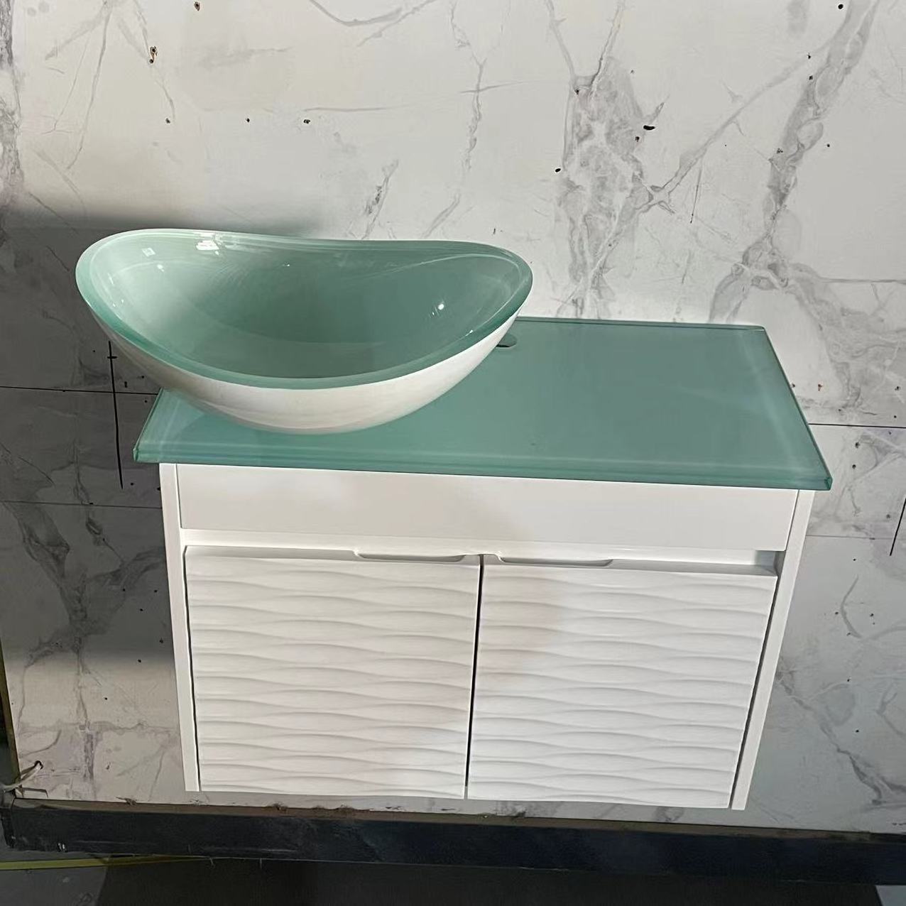 Hotel Small Corner Bathroom Cabinet Waterproof PVC White Bathroom Vanity with Glass Sink