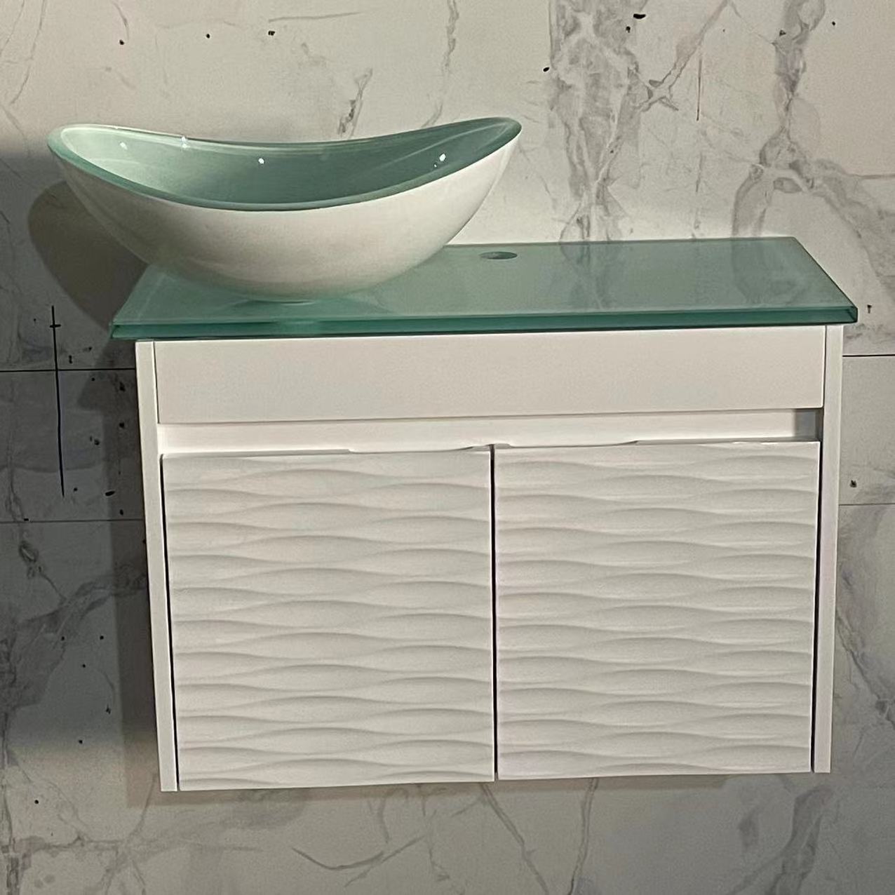 Hotel Small Corner Bathroom Cabinet Waterproof PVC White Bathroom Vanity with Glass Sink