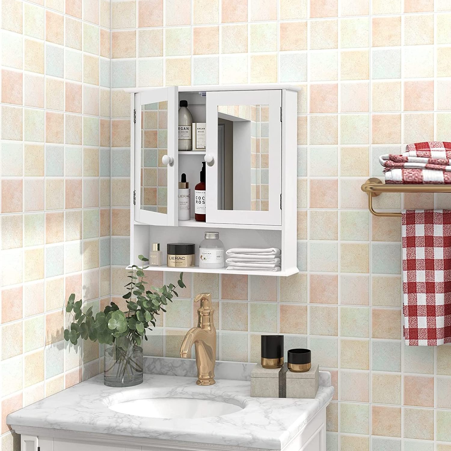 Bathroom White Cabinet Mirrored Double Doors Wall Mounted Mirror Storage Furniture