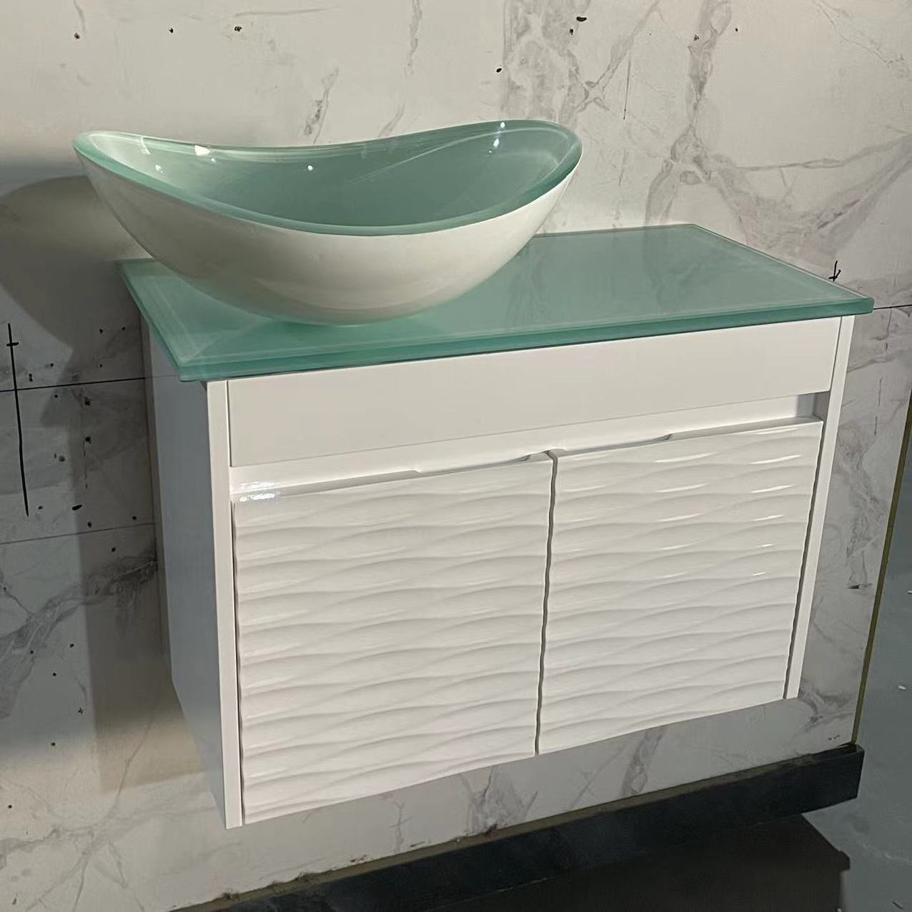 Hotel Small Corner Bathroom Cabinet Waterproof PVC White Bathroom Vanity with Glass Sink