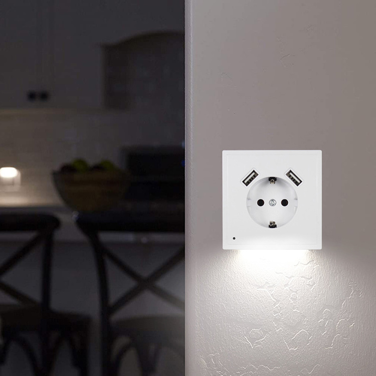 EU Standard Dual 5V2A USB with Sensor Led Socket Night Light with Usb Charger Socket with Usb Socket