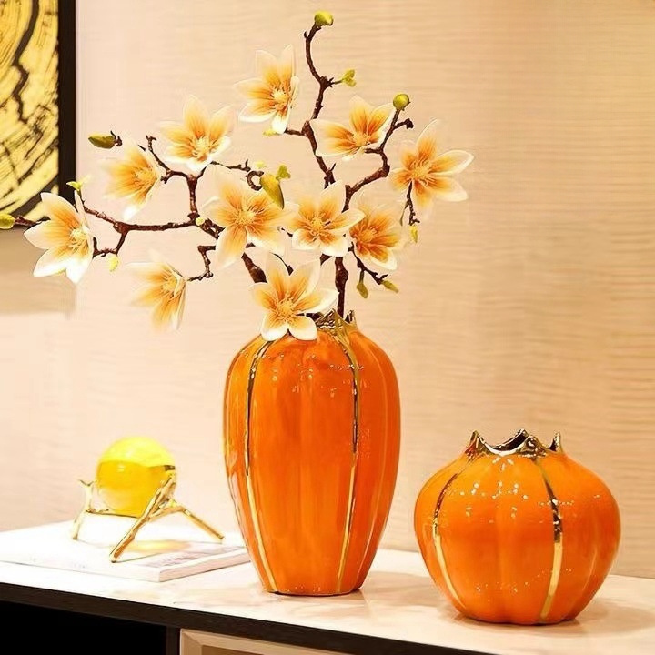 Nordic creative new Chinese light luxury pumpkin ceramic vase ornaments living room hotel ornaments