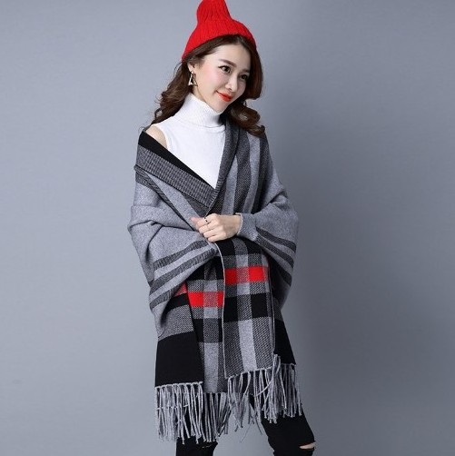 2022 Fashion women winter shawl scarf two sides plaid blanket poncho with sleeves