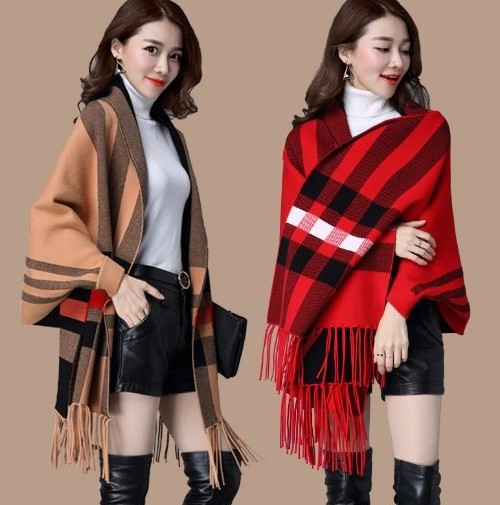 2022 Fashion women winter shawl scarf two sides plaid blanket poncho with sleeves