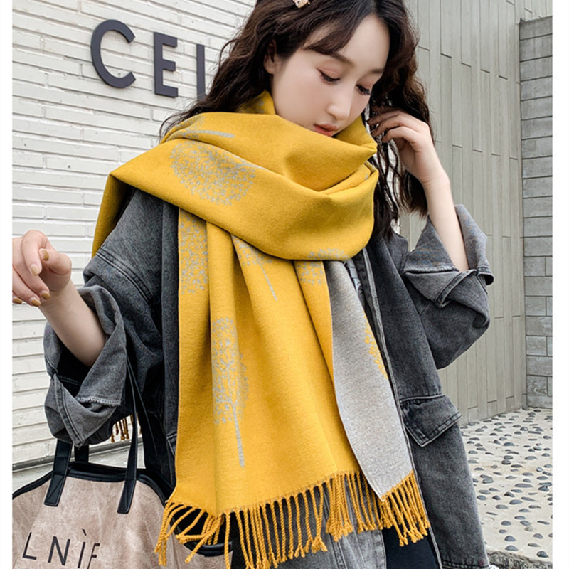 2023 Stylish Double Sided Women Winter Jacquard Glitter Tree Cashmere Scarf With Fringe