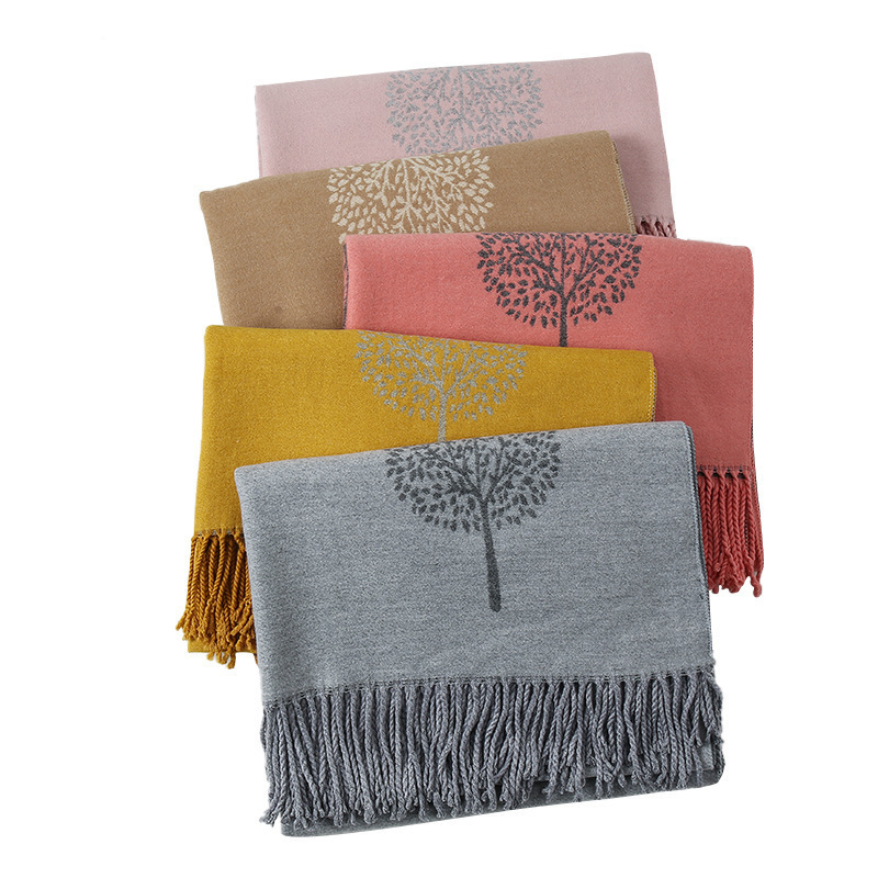 2023 Stylish Double Sided Women Winter Jacquard Glitter Tree Cashmere Scarf With Fringe