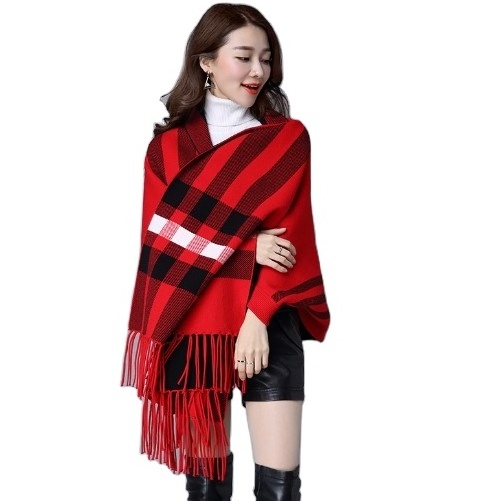 2022 Fashion women winter shawl scarf two sides plaid blanket poncho with sleeves