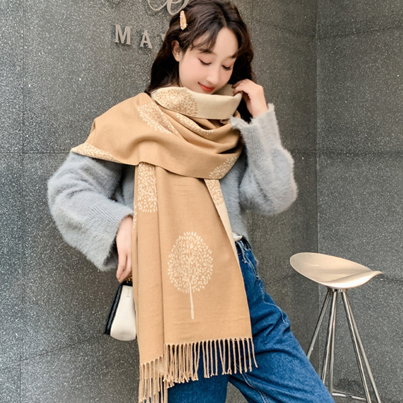 2023 Stylish Double Sided Women Winter Jacquard Glitter Tree Cashmere Scarf With Fringe