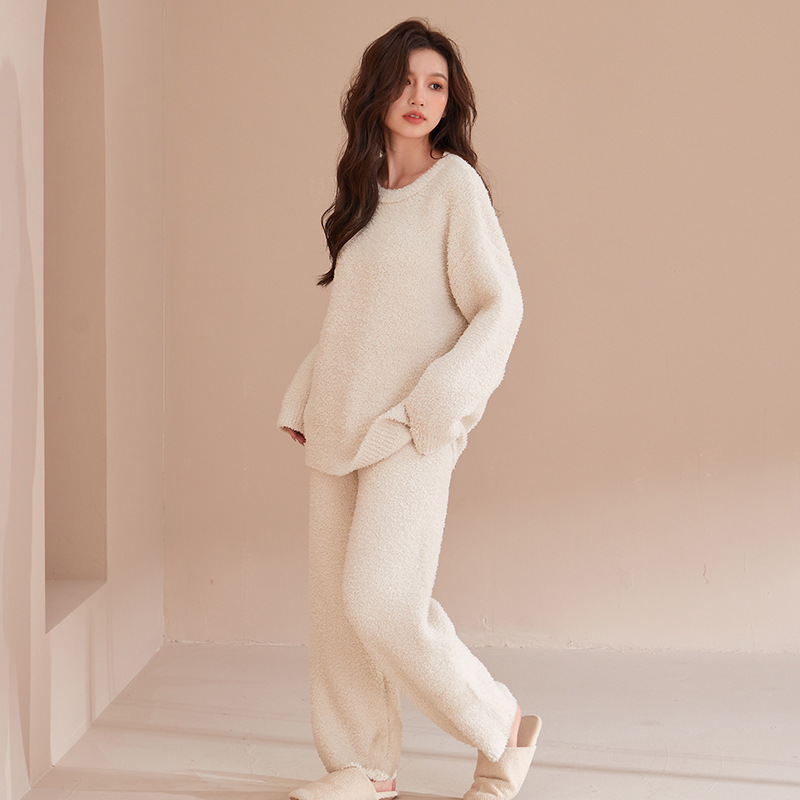 Wholesale Solid Color Home Sleepwear Winter Couple Pyjamas Couple Pajama Set Knit Loungewear