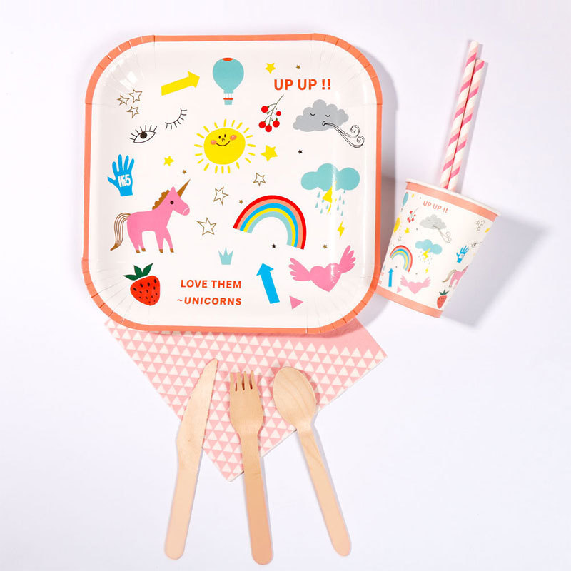 Eco-friendly Cute Unicorn Kids Birthday Party Dinner Tableware Set Biodegradable Disposable Paper Plate Cake Plate