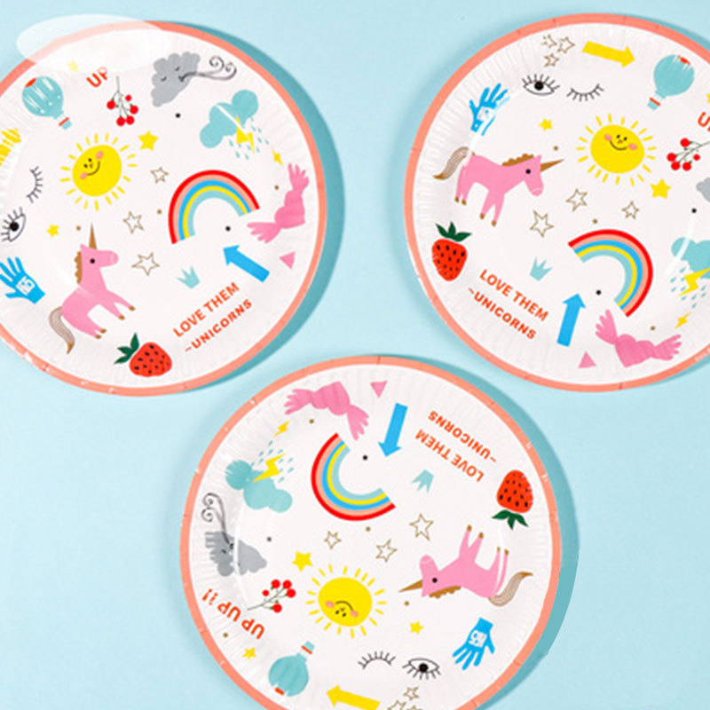 Eco-friendly Cute Unicorn Kids Birthday Party Dinner Tableware Set Biodegradable Disposable Paper Plate Cake Plate