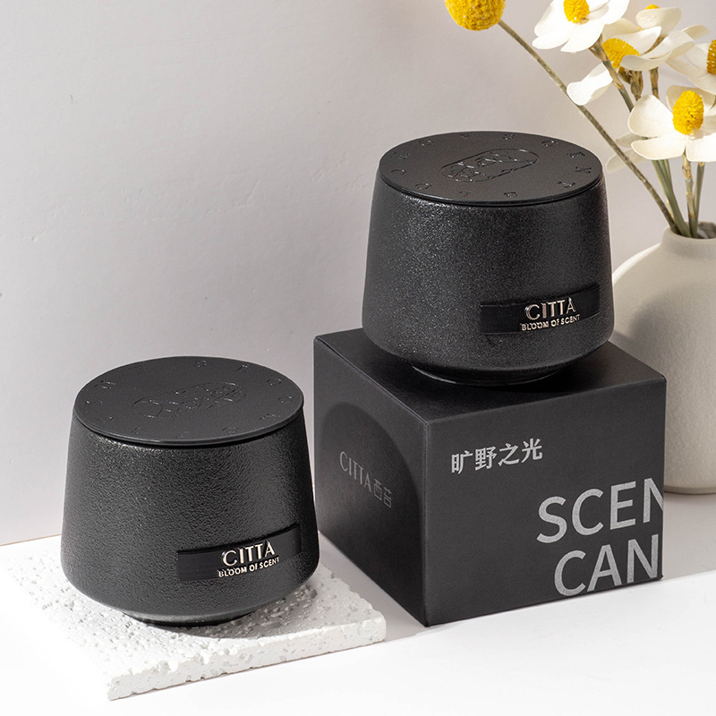 Home Decorative Essential Oils Luxury Black Frosted Ceramic Jar Wood Wick Bougie Parfumee Scented Soy Wax Candles/Candles