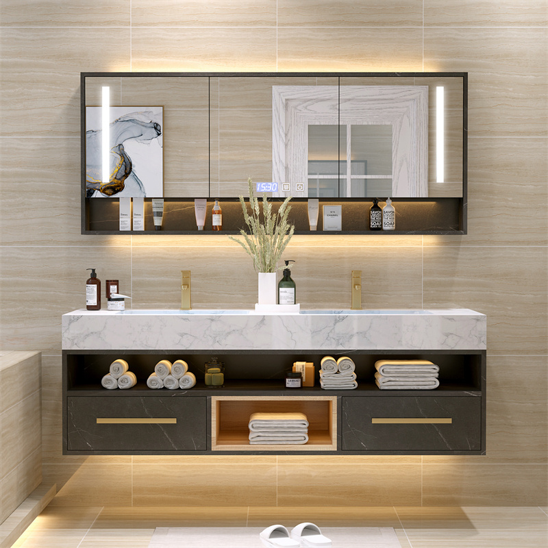 MDF/ PVC/ Plywood bathroom vanity cabinets with light mirror and slab basin sink for home