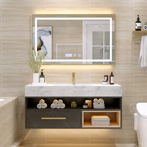 MDF/ PVC/ Plywood bathroom vanity cabinets with light mirror and slab basin sink for home