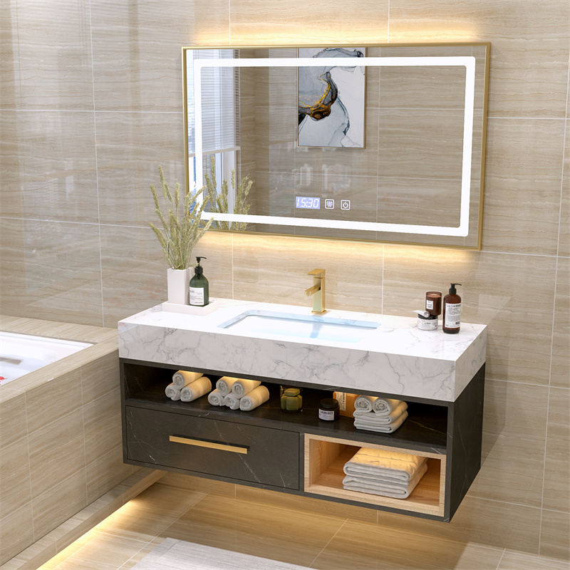 MDF/ PVC/ Plywood bathroom vanity cabinets with light mirror and slab basin sink for home