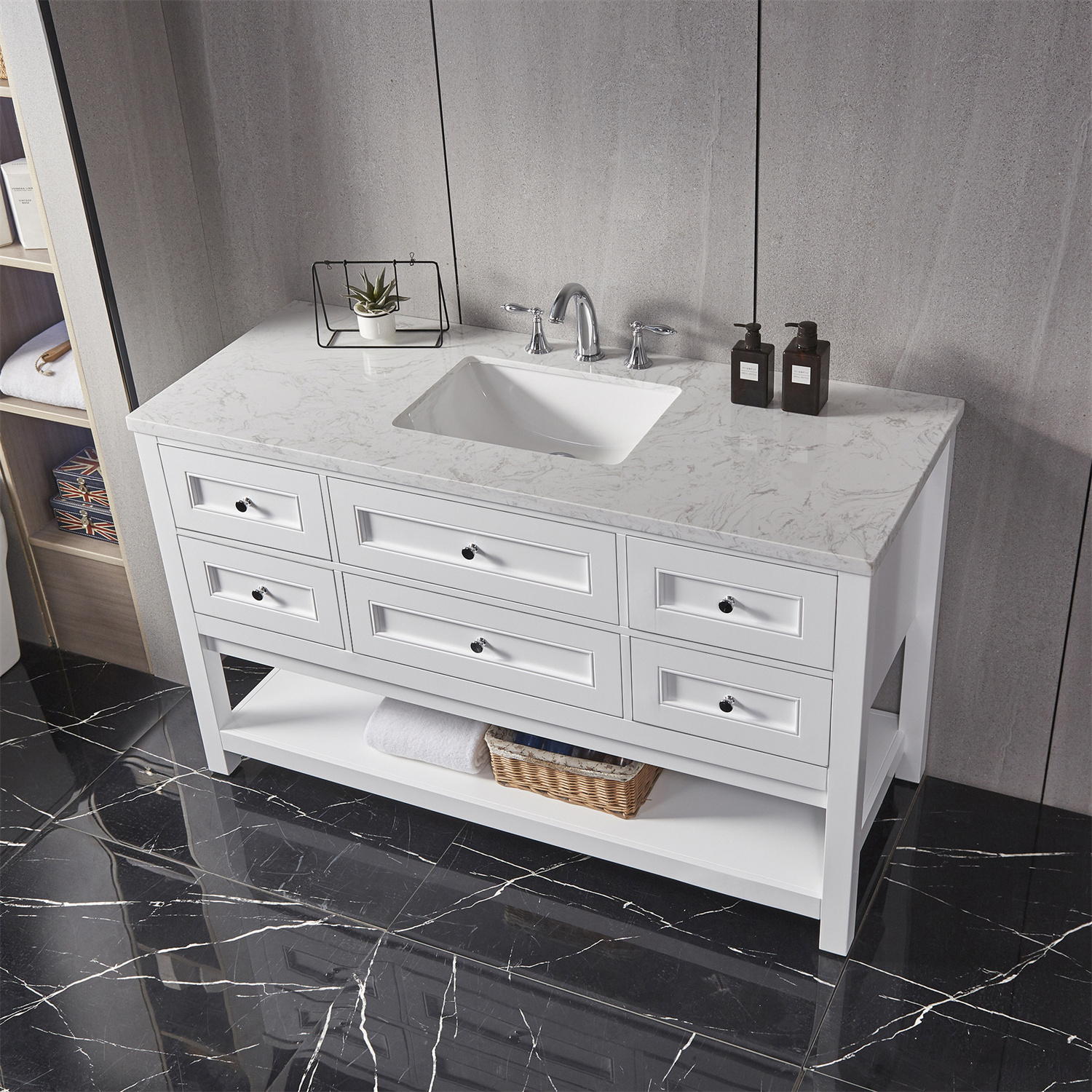 Luxury 4 tier floor mounted slate cabinet furniture countertop bathroom vanity with sink and storage drawers