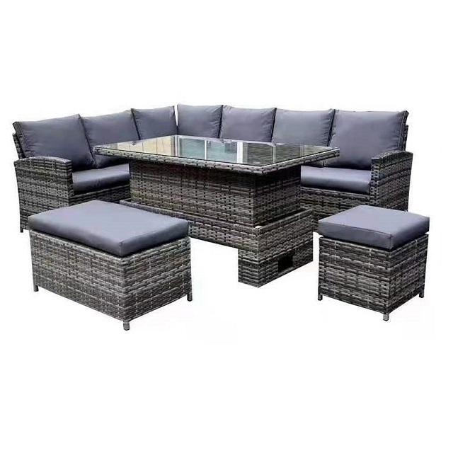 Furniture Outdoor UV Resistant Rattan Corner Dining Sofa Set Grey Modern