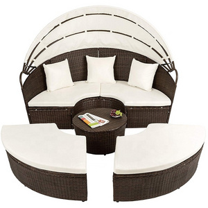 Outdoor Furniture Wicker Sofa with Retractable Canopy/ Round Rattan Beach Daybed Sun Lounger Steel Frame + Wicker/ PE Rattan