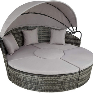 Outdoor Furniture Wicker Sofa With Retractable Canopy/ Round Rattan Daybed