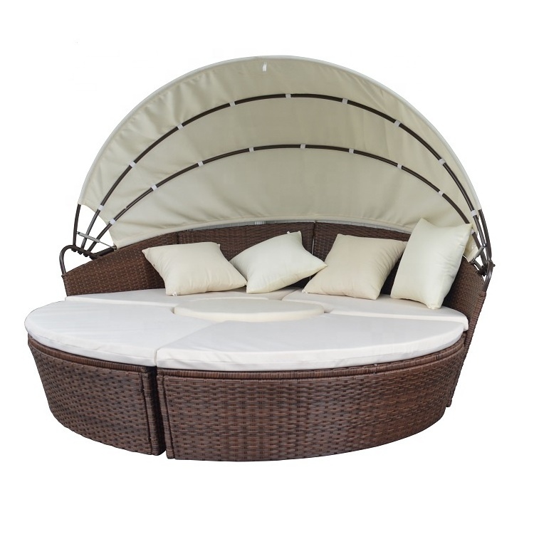 Outdoor Furniture Wicker Sofa With Retractable Canopy/ Round Rattan Daybed