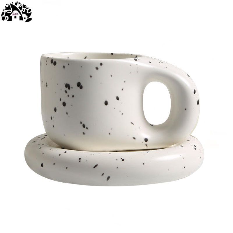 Customized Creative Nordic Style Speckled Coffee Cup Ceramic Fat Handle Mug With Saucer