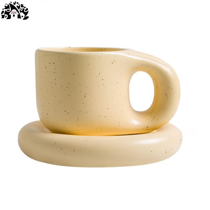 Customized Creative Nordic Style Speckled Coffee Cup Ceramic Fat Handle Mug With Saucer