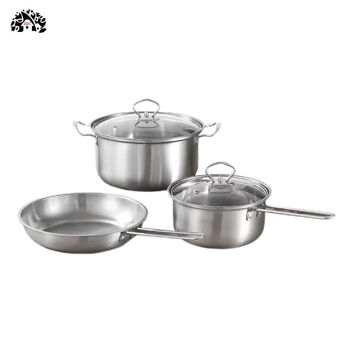 Factory cooking pots sets 3pcs Induction cookware Stainless Steel 410 Magnetic Cookware set non stick Soup Pots And frying Pan