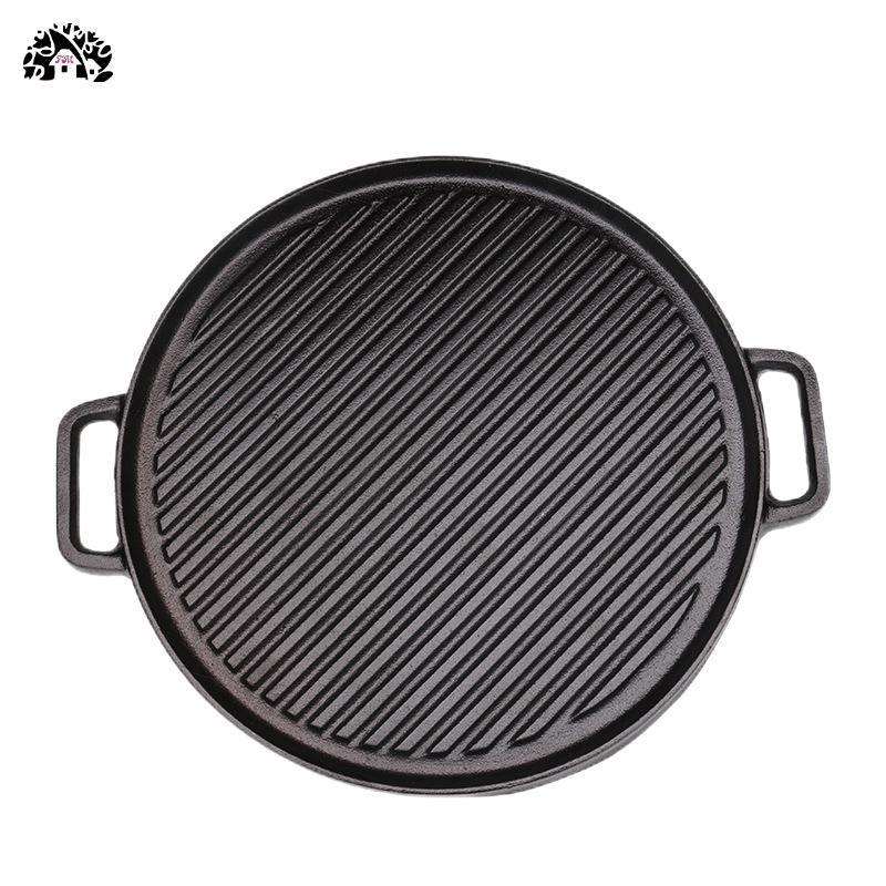 Wholesale nonstick coating cast iron two side grill pan with stripes double handle commercial bbq meat steak  pan round pan