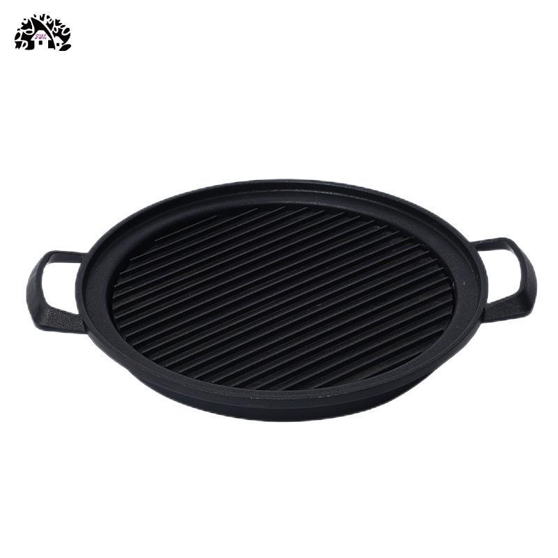 Wholesale nonstick coating cast iron two side grill pan with stripes double handle commercial bbq meat steak  pan round pan