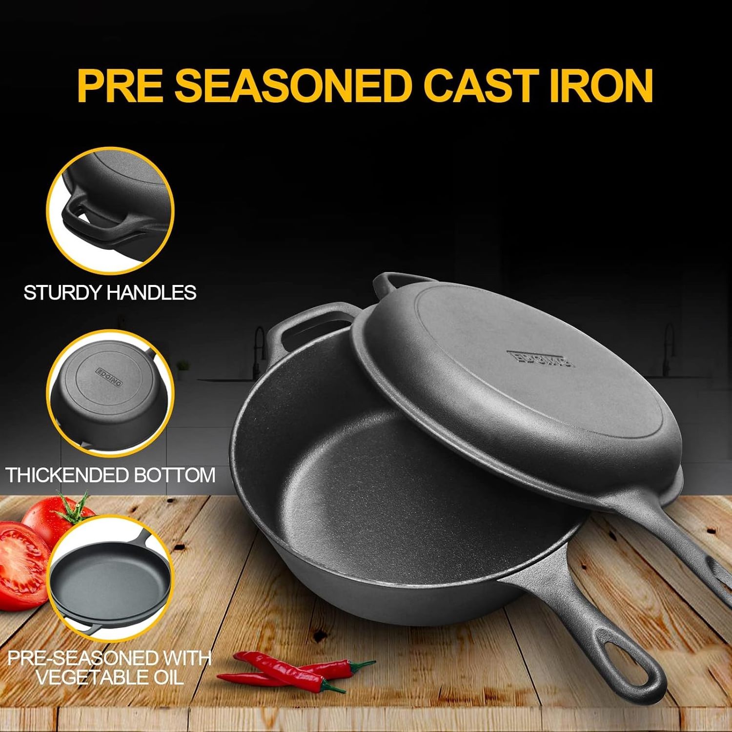 hot selling  Pre-seasoned Cast Iron Pot with Long Handles two-in-one function pot Stew Pot  Dutch Oven  with Skillet Lid