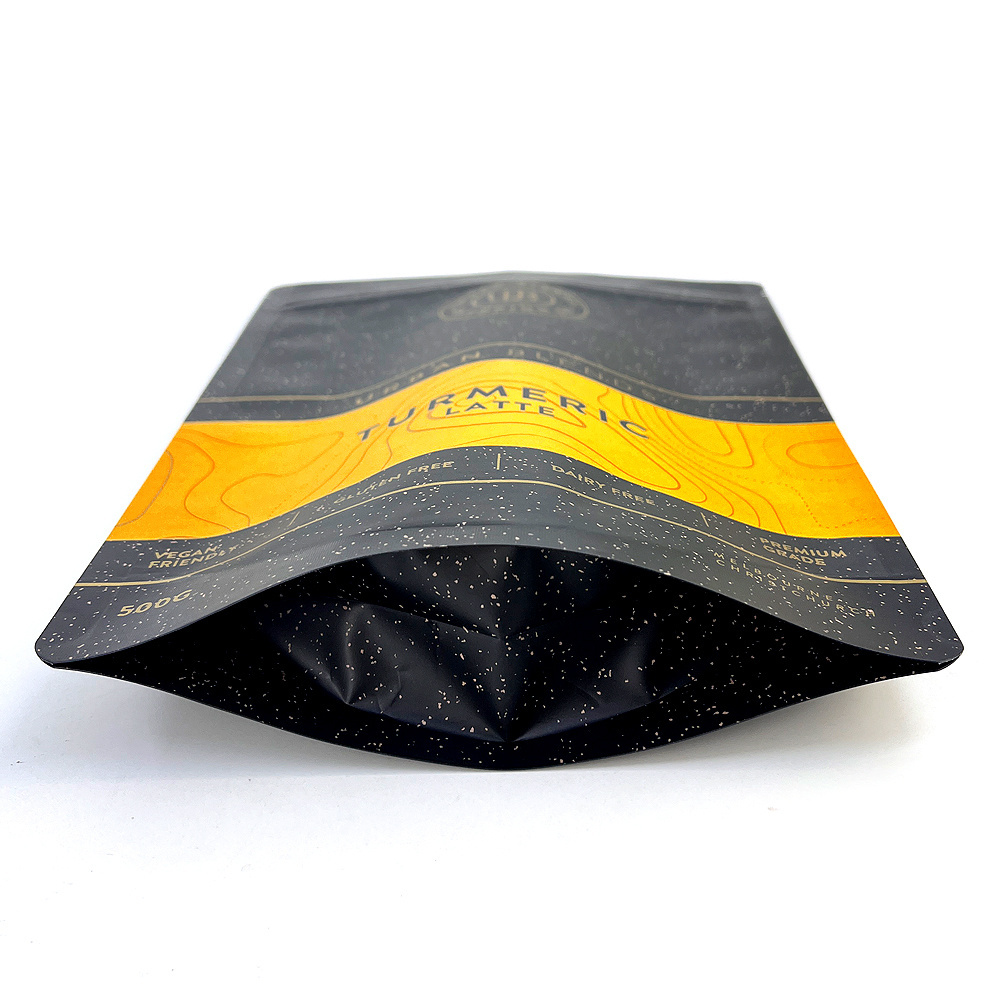 Low MOQ Customized Matte Black Metallic Gold Effect Printed Stand Up Pouch Bag for 500g Turmeric Latte Powder