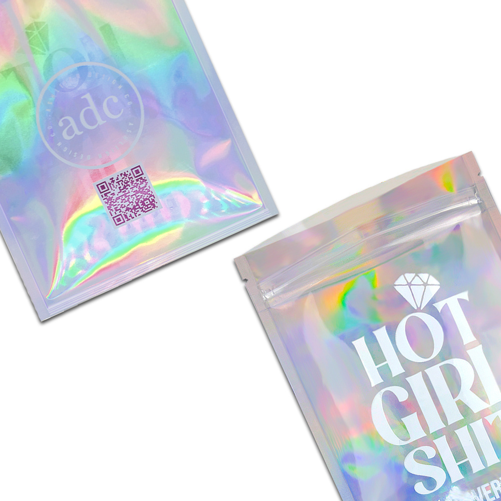 Custom Laser Foil Front Side Transparent Cosmetic Holographic Mylar Zipper Bags With Window