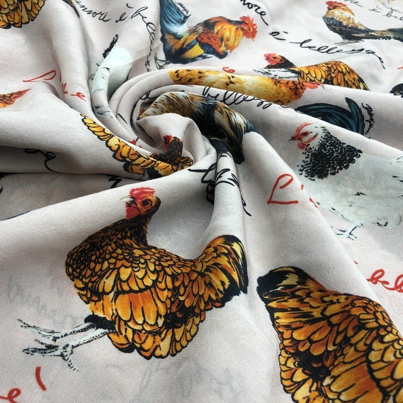 Fonesun-SK528 100%  Silk 16mm Dupion CDC Digital Chicken Hen Rooster Print Fabric for Pajamas