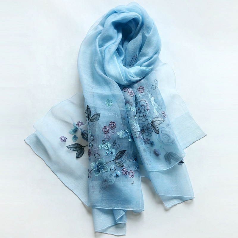 Hangzhou Manufacturer Modish Ladys' Hijab Shawls Silk Scarf Print Dye Color Embroidered 70% Wool 30% Silk Scarf Plain Women Long