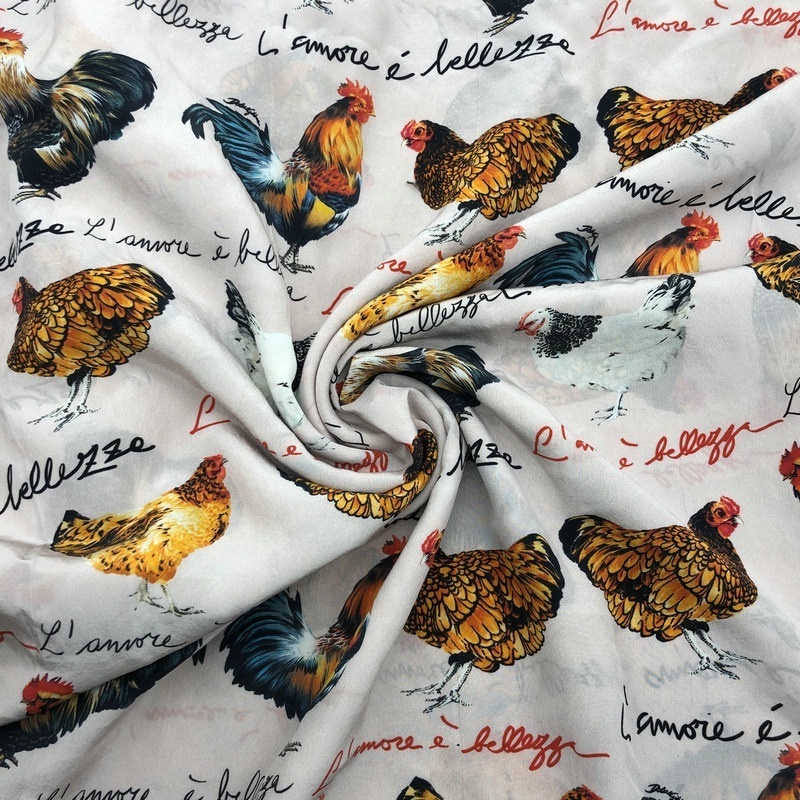 Fonesun-SK528 100%  Silk 16mm Dupion CDC Digital Chicken Hen Rooster Print Fabric for Pajamas