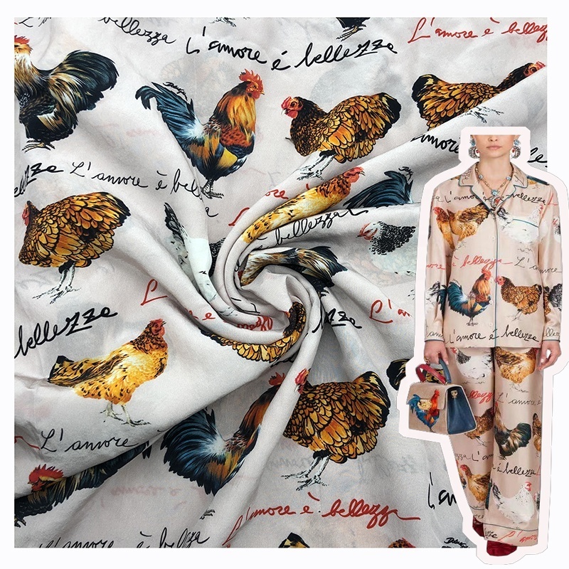 Fonesun-SK528 100%  Silk 16mm Dupion CDC Digital Chicken Hen Rooster Print Fabric for Pajamas