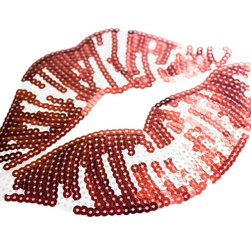 Shiny Sequin Sexy Red Lip Clothing Labels Custom Embroidery Patches for Garment, Bags