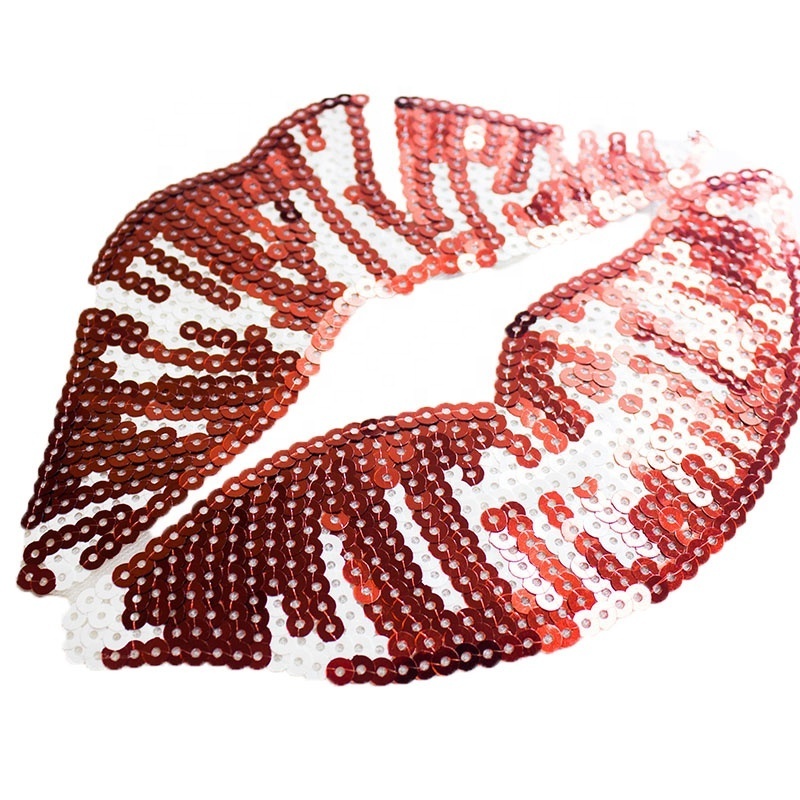 Shiny Sequin Sexy Red Lip Clothing Labels Custom Embroidery Patches for Garment, Bags