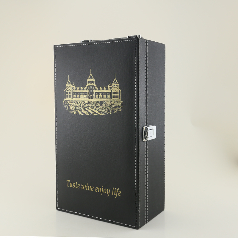 Custom  High Quality Black PU leather Double Bottle Wine Box