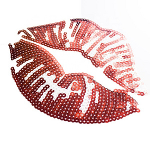 Shiny Sequin Sexy Red Lip Clothing Labels Custom Embroidery Patches for Garment, Bags