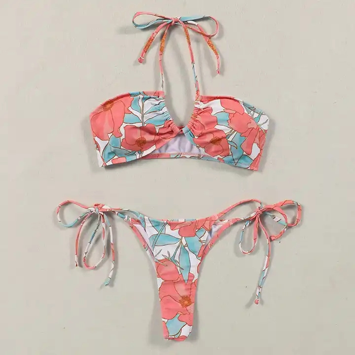 Customized Printed Swimsuit Women OEM Swimwear Hot Sale Custom Print Side Ties Swimming Suits Backless Two Piece Halter Bikini