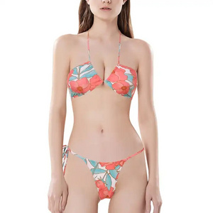 Customized Printed Swimsuit Women OEM Swimwear Hot Sale Custom Print Side Ties Swimming Suits Backless Two Piece Halter Bikini