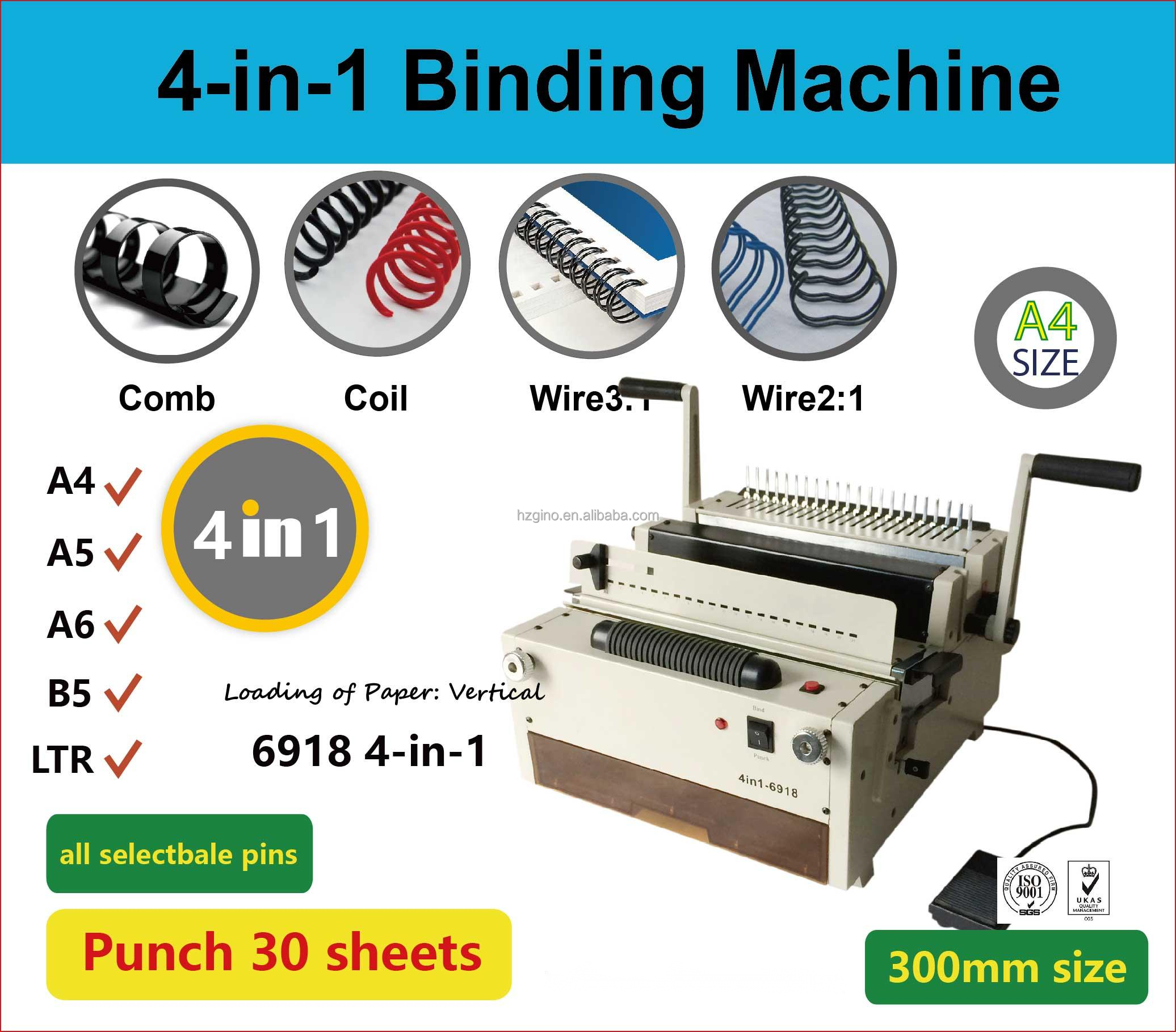 4-in-1 6918 Electric Multi-function desktop 4 in 1spiral comb wire book binding machine  book Spiral binding machine