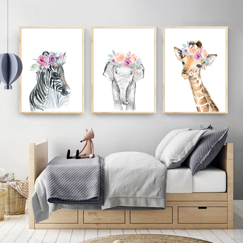 Flower Animal  Lion Zebra Elephant Giraffe Nursery  Print  Kids Baby Bedroom Decor Wall Pictures baby room wall art