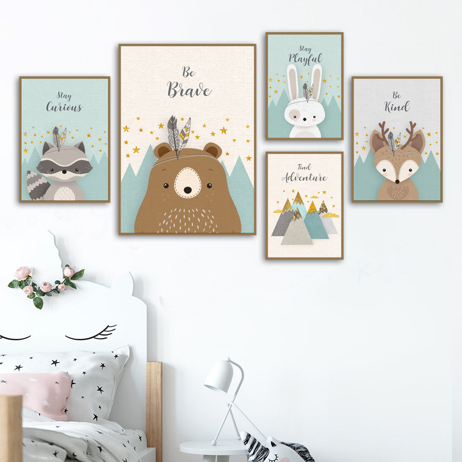 Girl Boy Kids Room Decor Bear Rabbit Fox Deer Nursery Cartoon Nordic Posters And Prints  animal kids painting  canvas wall art