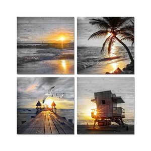 4 Panel landscape painting Wall art Black and white Gold beach sea canvas print sunrise sunset poster Bedroom home decoration