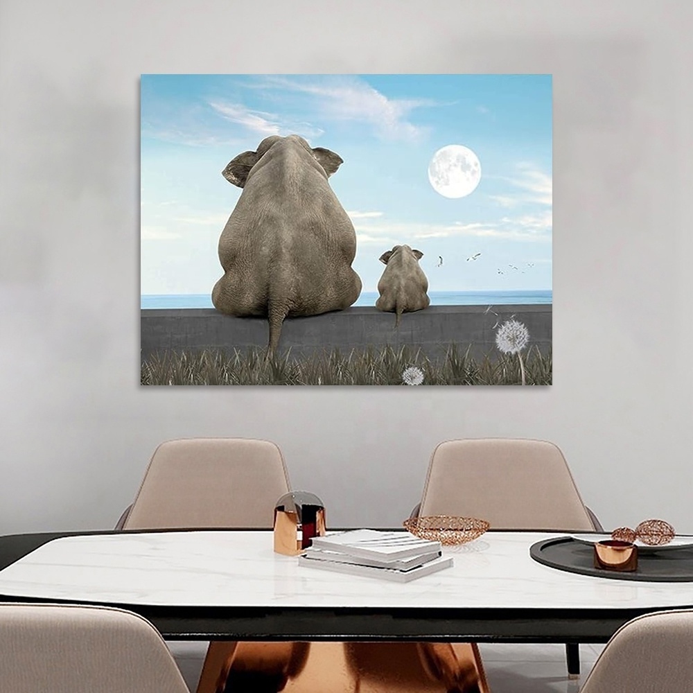 Canvas wall art animal Elephant dandelion art painting Elephant Moon viewing African wall decoration living room home decor