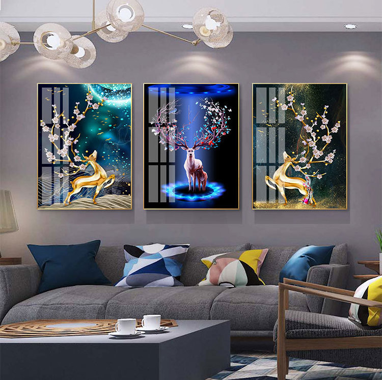 Fashion family living room decoration diamond elk good luck crystal porcelain framed  painting pop wall art