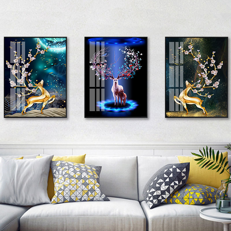 Fashion family living room decoration diamond elk good luck crystal porcelain framed  painting pop wall art